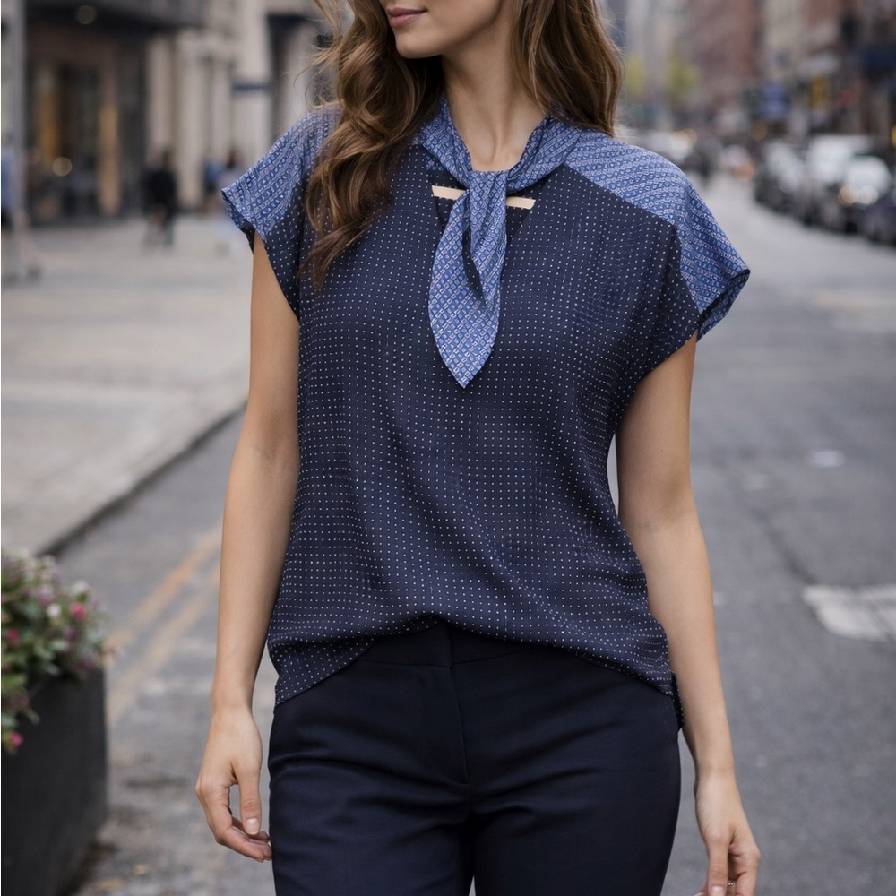 Banana Republic Navy Blue Polka Dot Tie Blouse in xs